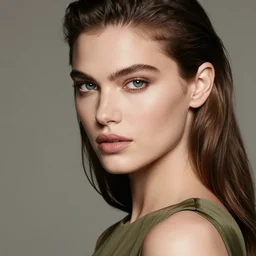 close - up portrait of beautiful female face supermodel portrait wearing olive dress