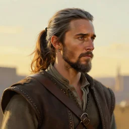 a stunning painting of jared leto with a grey ponytail and short grey beard dressed as a medieval explorer, james gurney, digital art, golden hour