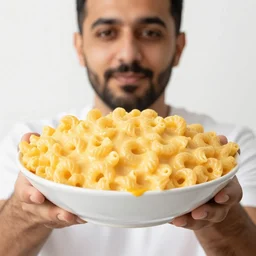 high quality photo of macaroni and cheese being held out to the camera by a persian man