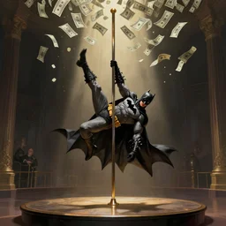 batman pole dancing on stage, dollars falling from above, elegant intricate digital painting artstation concept art by mark brooks and brad kunkle detailed