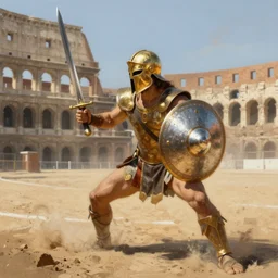 incredible digital speed painting of a sword wielding gladiator wearing a gold helmet and reflective silver circle shield crouching in a bight sandy arena, in the  Colosseum, dirt, sand, by craig mullins, Jean-Leon Gerome