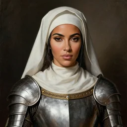 medieval portrait of kim kardashian, delicate detailed, armored battle nun, in the style of eugene de blaas, perfect face,