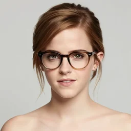 Photo of Emma Watson wearing glasses, soft studio lighting, photo taken by Martin Schoeller for Abercrombie and Fitch, award-winning photograph, 24mm f/1.4