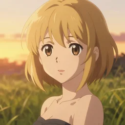 anime art, anime key visual of elegant young female, close up at face, short blonde hair and large eyes, finely detailed perfect face, standing in the grass at sunset, golden hour sunset lighting, background blur bokeh!!, trending on pixiv fanbox, studio ghibli, extremely high quality artwork, 4 k - t