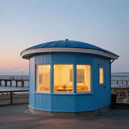 small blue house, rounded architecture, cozy lighting, by the seafront, pier, late afternoon, art by artgerm