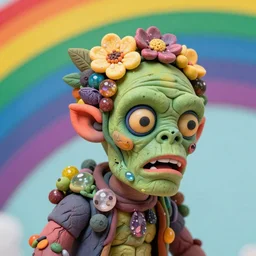 headshot of a trickster nature zombie, head made of fruit gems and flowers in the style of arcimboldo, fragonard, photorealistic, dynamic lighting, action figure, clay sculpture, claymation, turquoise pink and yellow, rainbow stripe backdrop