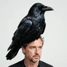 russell crowe wearing an ridiculously enormously large crow bird on his head, peering out concerned down to camera from a small dusty glass window in a wooden wall, 2 0 1 2