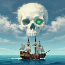 a pirate ship swimming on a beautiful sea below clouds forming the image of a skull with green eyes, by John Berkey, featured on artstation