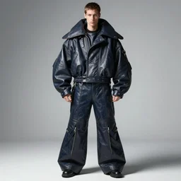 an award - winning editorial photo of an irradecent extremely baggy but cropped ancient medieval designer menswear leather police jacket with an oversized large collar and baggy bootcut trousers designed by alexander mcqueen, 4 k, studio lighting, wide angle lens