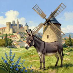 Beautiful donkey standing at the base of a windmill, spots of blue flowers nearby, medieval french landscape, Carcassonne, city of carcassonne in the background, by Stanley Artgerm Lau, Rossdraws, frank frazetta, Andrei Riabovitchev, tranding on artstation