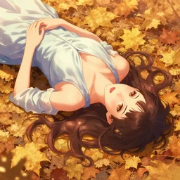 Portrait of a beautiful elegant woman colors laying on fallen leaves, sunset, fantasy, anime, warm spring, vibrant, intricate details, trending on ArtStation, Deviantart, by WLOP
