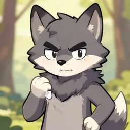fursona of wolf with happy face and angry holding