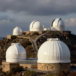 Modern Spanish observatory of multiple white domes scattered across the mountaintop  painted in romantic style by Martinus Rørbye