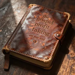 an old leather book cover titled the gospel of profit taking on the cover, very detailed