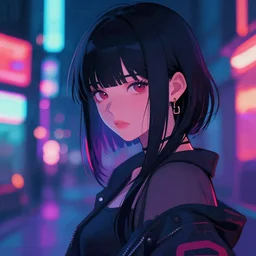 A CyberPunk japanese girl shyly looking at camera, painted by Masakazu Katsura, trending on ArtStation, neon lights, bokeh