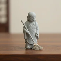 a miniature minimal zen monk sculpture made of stone on wood, zen monk holding a broom sweeping floor, 8 0 mm f 2. 8 photography