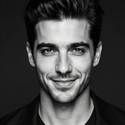 black and white close - up portrait shot, studio photograph of a male symmetrical handsome andrea belluci the killer, casual clothes, smirking, intricate, elegant, highly detailed, hyper realistic, dark background, flickr, smooth, 4 k, 3 0 0 dpi, sharp focus, shot by canon