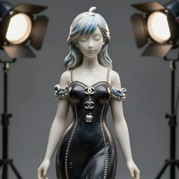 statue of the perfect woman, porcelain, silver, blue soft details, soft!!, dark black chanel dress ( desgined by apple ), studio photo, octane render, studio lights, 8 0 mm lens