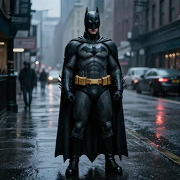 full body shot of the batman ( ( ( robert pattinson ) ) ) classic suit in a dark rainy gotham city street, film camera, anamorphic, insanely detailed, 4 k