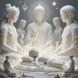 high depth, collective civilization love, calm, healing, resting, life, hybrids, scifi, glowing lights!!, published concept art, mixed medias, image overlays, sharp focus, thin glowing wires, winning illustration, art by greg rutkowski and alphonse mucha, singularity!!!, 3 6 0 projection