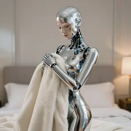 boudoir, shiny chrome robot woman holding a blanket against herself, beautiful robot automaton
