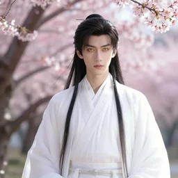 a young beautiful prince, golden eyes, long black hair, white hanfu, elegant, intricate, backlit, incredible lighting, strong rim light, subsurface scattering, photorealistic anime, epic beautiful landscape, cherry trees, highly detailed, digital painting, by Heise Jinyao, Heise-Lian Yan Fang, Feimo, Rossdraws, Sakimichan HDRI, vivid colors, high contrast, trending on artstation 8k