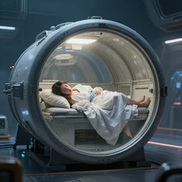 girl sleeps standing in a cylindrical horizontal cryo chamber on a spaceship, cyberpunk, sky - fi