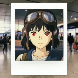 a polaroid full body portrait of a very shy 1 9 5 0's aviator disney style girl, red eyes, finely detailed features, closeup at the faces, perfect face, fine details, perfect art, in the airport yard, gapmoe yandere grimdark, trending on pixiv fanbox, painted by greg rutkowski makoto shinkai takashi takeuchi studio ghibli, akihiko yoshida,