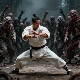 a kung fu fighter fighting a hoard of xombies