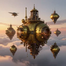 Giant steampunk brass habitats floating above the clouds at sunset, by greg rutkowsky, trending on artstation