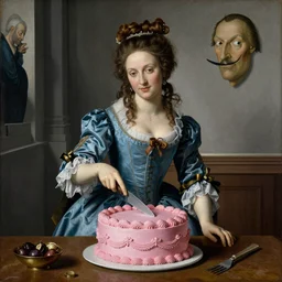 Marie Antoinette cutting a pink cake. By El Greco, Remedios Varo, Salvador Dali, Carl Gustav Carus, John Atkinson Grimshaw.