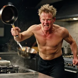 candid screencap behind the scenes video of gordon ramsey raging, shirtless, throwing pots, motion blur, running, red faced and angry, spit flying, hd video, grain