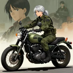 girl silver hair, army motorcycle, illustration by Yoji Shinkawa and Krenz Cushart, cinematic
