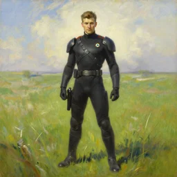 oil painting of tracer overwatch in a field of grass wearing black uniform, in style of ivan aivazovsky, detailed eyes, full body