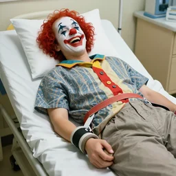 laughing clown lying in hospital bed with wrist restraints on, restraint fabric straps attached to hospital bed, photograph, 8 k
