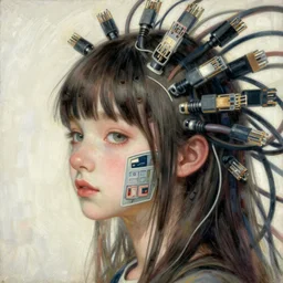 beautiful pure evil teenager lain, cute haircut, with hundreds of network cables, neatly coming out of her head, a part of her face panel is showing, she is in pure bliss, chaos, bizarre, strange, portrait, painting, soft and intricate, fine lines, by artgerm,