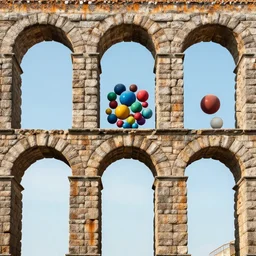 aqueduct arches 3 6 0 panorama escher style pattern of colorful balls sculpture in the ancient greek style with the texture of old rust