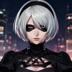 symmetrical!! a film landscape of an assassin woman, finely detailed features, bokeh, smooth, sharp focus, perfect art, night city background, cinematic lighting, highly detailed, intricate, anime, artstation, nier automata concept art, trending on pixiv fanbox, painted by greg rutkowski, studio ghibli, yoji shinkawa, hayao miyazaki