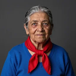 masterpiece portrait of an old woman with wrinkles, traditional cuban dress, natural portrait, natural skin, realistic blue eyes, blue sweater and red scarf, portrait photography, studio lighting, volumetric lighting, photorealism, artstation