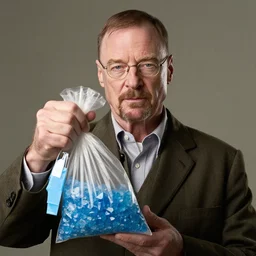 walter white holding a bag with blue crystals inside