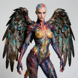 a portrait photograph of a shaved yvonne strahovski as a colorful harpy super hero with slimy wet mutated skin. she is trying on a amphibian organic catsuit and transforming into a feathered beast. by tom bagshaw, donato giancola, hans holbein, walton ford, gaston bussiere, peter mohrbacher and brian froud. 8 k, cgsociety