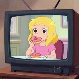 A tv that has Mabel Pines from Gravity falls tv show eating a donut on the tv
