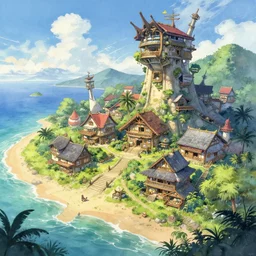 futuristic but cozy fantasy village at a tropical coast. this air brush painting by the award - winning anime artist has an interesting color scheme, plenty of details and impeccable lighting.