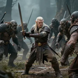 epic battle photo of gimli as an elf wielding 2 swords against some orcs