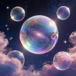 glassy iridescent bubbles in space full of colorful clouds, stars and galaxies, volumetric light