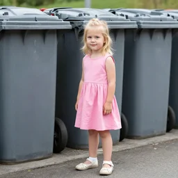 a small blonde girl in front of some wheelie bins wearing a pink dress