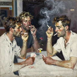 oil painting in the style of john craxton. sailors talking loudly in the shadows of a pub. in the style of ivon hitchins. strong expressions on faces. holding cigarettes. scratch. strong lighting. playing cards. brush. single flower. cheekbones. smokey bar. seated figure hands on table. eyes. line drawing.