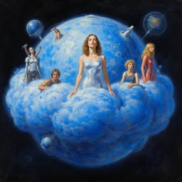 a woman in a giant blue techno cloud planet in space, robert mccall, tim hildebrandt, wayne barlowe, bruce pennington, donato giancola, trending on artstation, cinematic composition, beautiful lighting, hyper detailed, 8 k, oil on canvas