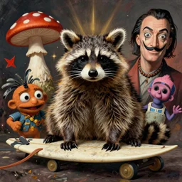 portrait of raccoon surfer, amanita muppet punk, basil wolverton, r crumb, hr giger, dali