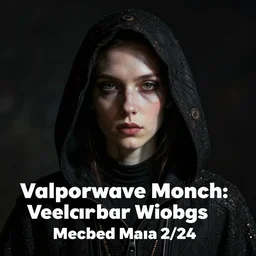 vaporwave monk with a hood over his face, dark, moody, low lighting